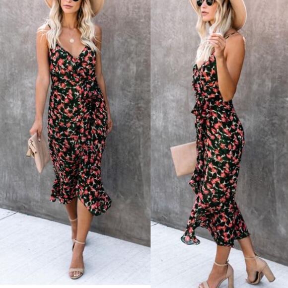 VICI Floral Chiffon Faux Wrap Ruffle Slit Hem Midi Dress size Small - Picture 1 of 12